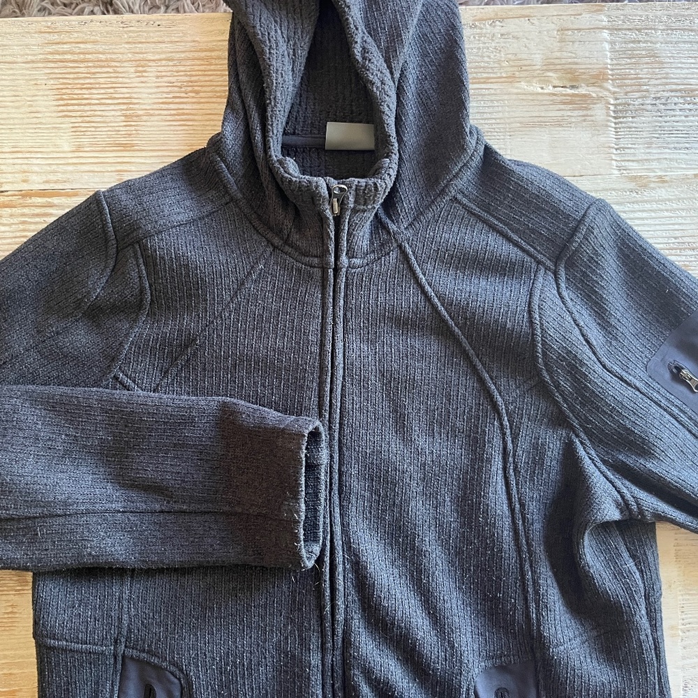 Athleta Dark Gey Knit Full Zip Hoodie Sweater Jacket